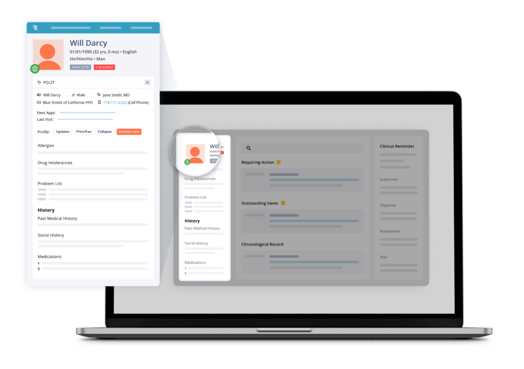 Laptop screen showing a clinical profile within Elation EHR