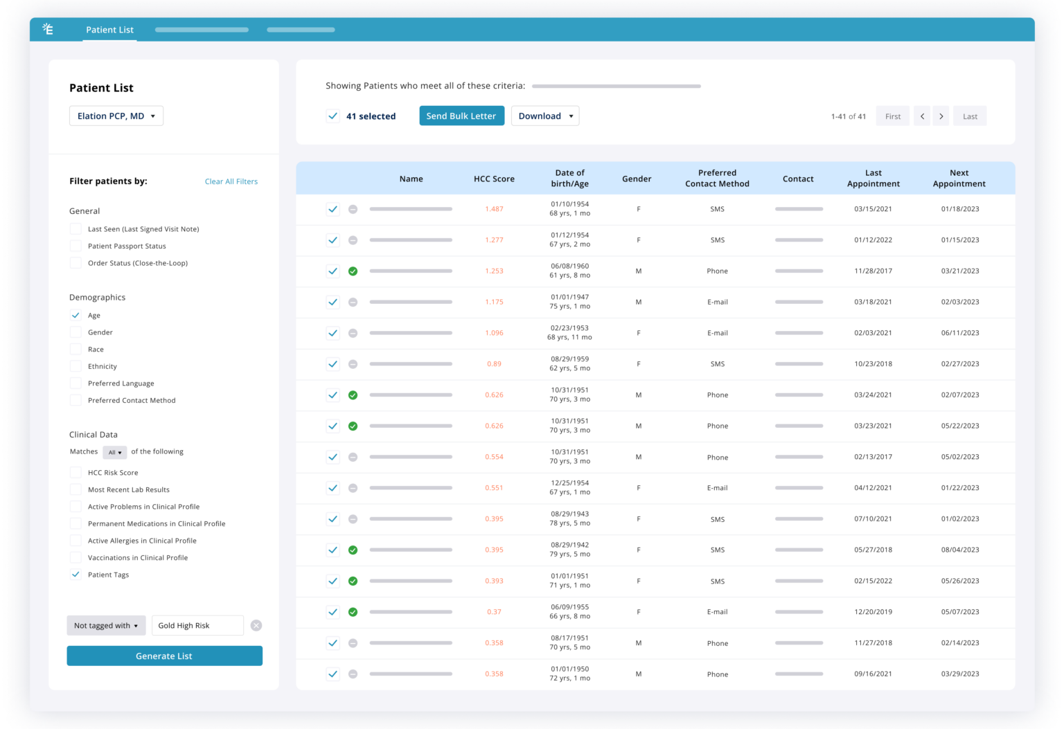 Screenshot of a patient list in Elation EHR