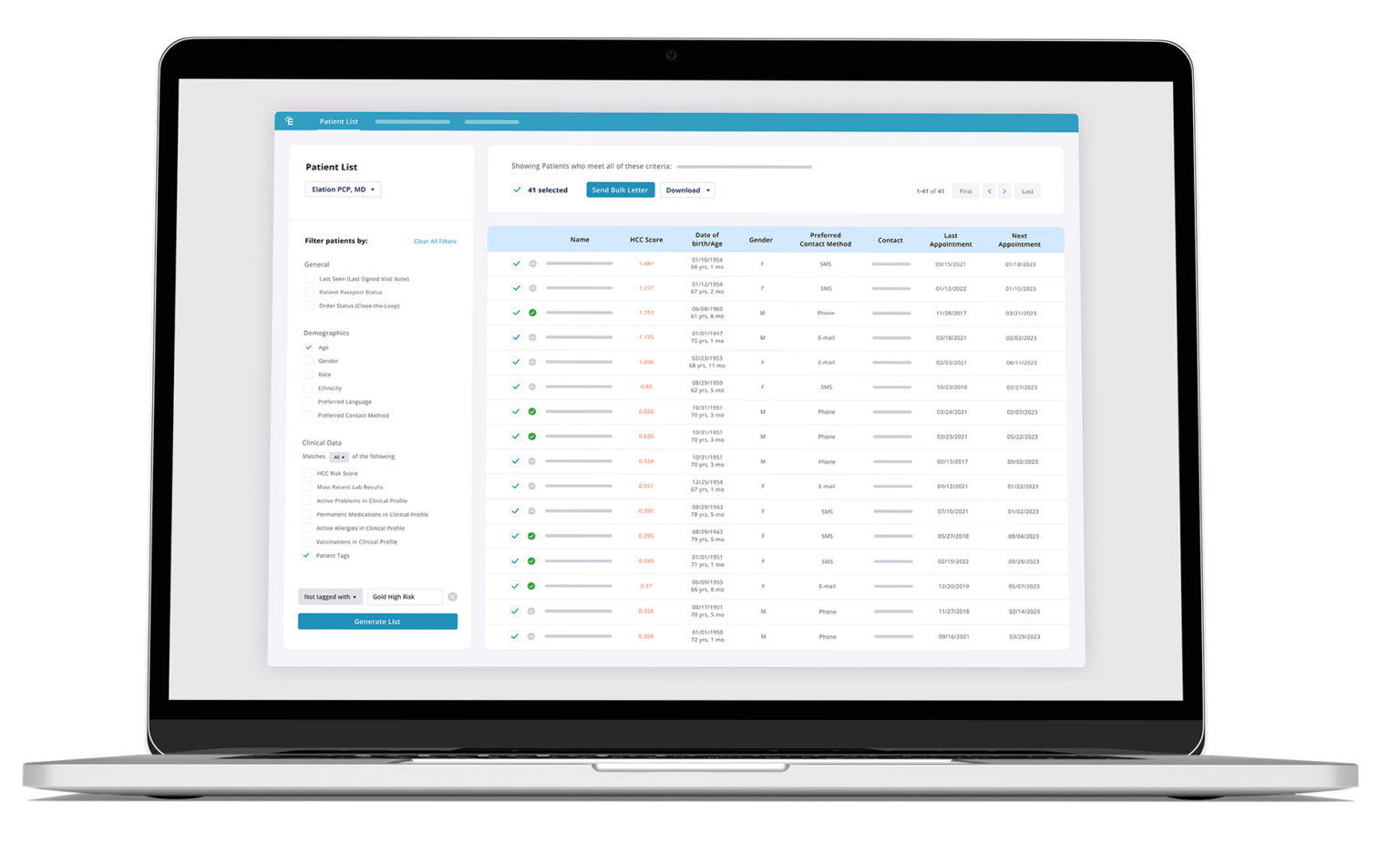 patient list dashboard on laptop