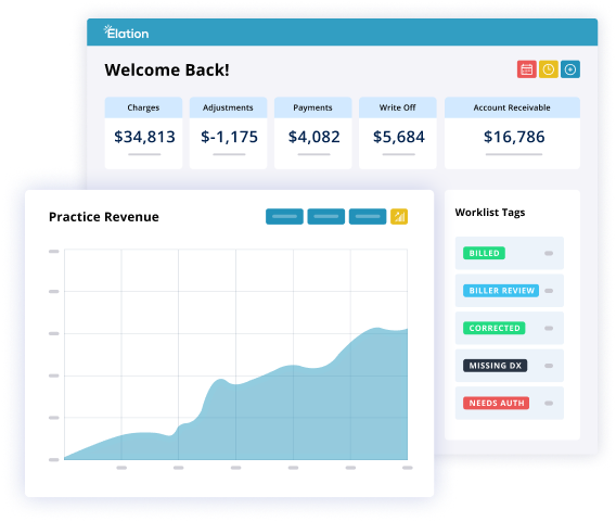 dashboard showing upward trend of revenue in Elation Billing report