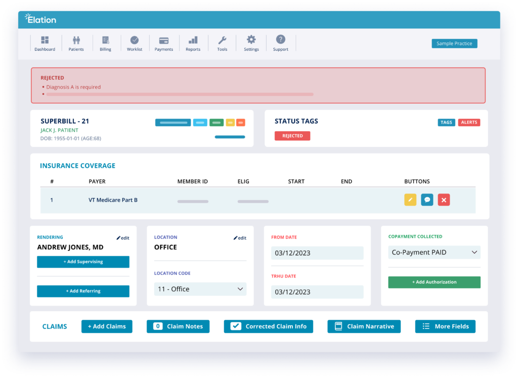 Elation Billing Collaborative Billing worklist screenshot